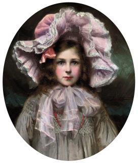 Arthur Herbert Buckland - Portrait of Dorothy Carr Buckland, the artist\'s daughter, bust-length, in pink and white hat, oval