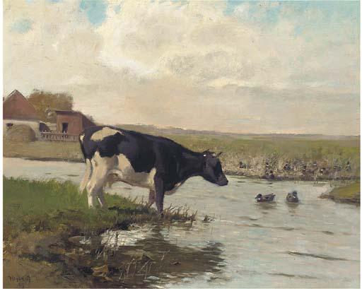 Arthur Heyer - A cow at the edge of a pool with ducks
