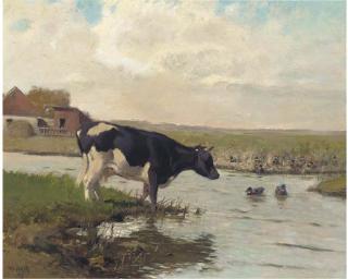 Arthur Heyer - A cow at the edge of a pool with ducks