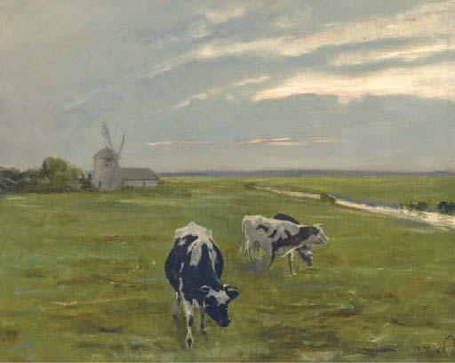 Arthur Heyer - Cattle before a windmill at dusk