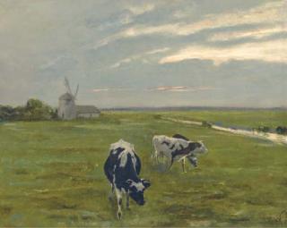 Arthur Heyer - Cattle before a windmill at dusk