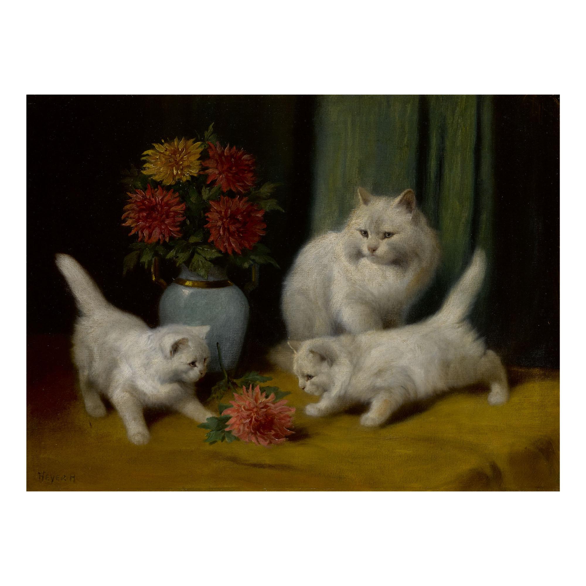 Arthur Heyer - Kittens Playing With A Flower