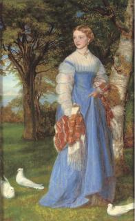 Arthur Hughes - Portrait of Mrs Louisa Jenner, Full-Length, In A Blue Dress Against An Edinburgh Landscape