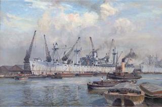Arthur James Wetherall Burgess, R.I., R.S.M.A. - An American Naval Auxiliary And Other Shipping In A Dockyard