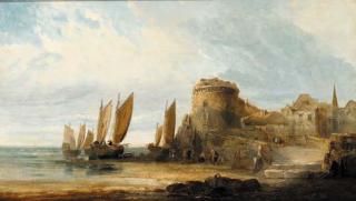 Arthur Joseph Meadows - Figures before a fortified coastal town