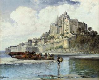 Arthur Joseph Meadows - Fishermen sorting their catch on the beach below Mont. St. Michel, Normandy