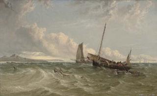 Arthur Joseph Meadows - Poole trawlers dragging in their nets of the mouth off the Fal with Pendennis Castle on a promontory beyond