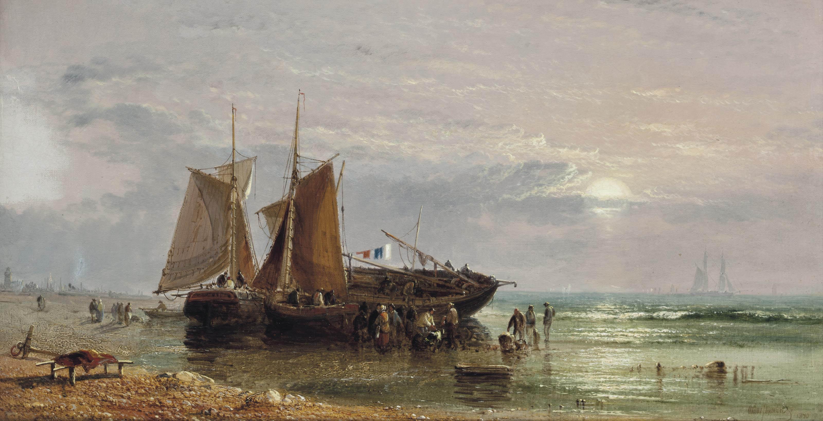 Arthur Joseph Meadows - Unloading the catch onto the beach at Scheveningen at sunset