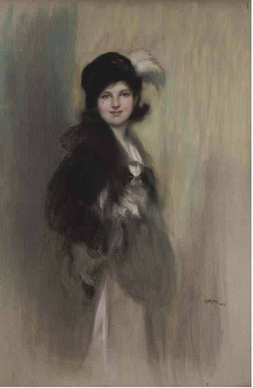 Arthur Lajos Halmi - Portrait of Lady Dorothy Duveen, As A Young Girl, Three-Quarter-Length, In A Feathered Hat