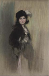 Arthur Lajos Halmi - Portrait of Lady Dorothy Duveen, As A Young Girl, Three-Quarter-Length, In A Feathered Hat