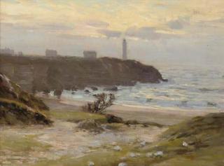 Arthur Meade, R.O.I. - Sunset On The Coast, With A Lighthouse In The Distance