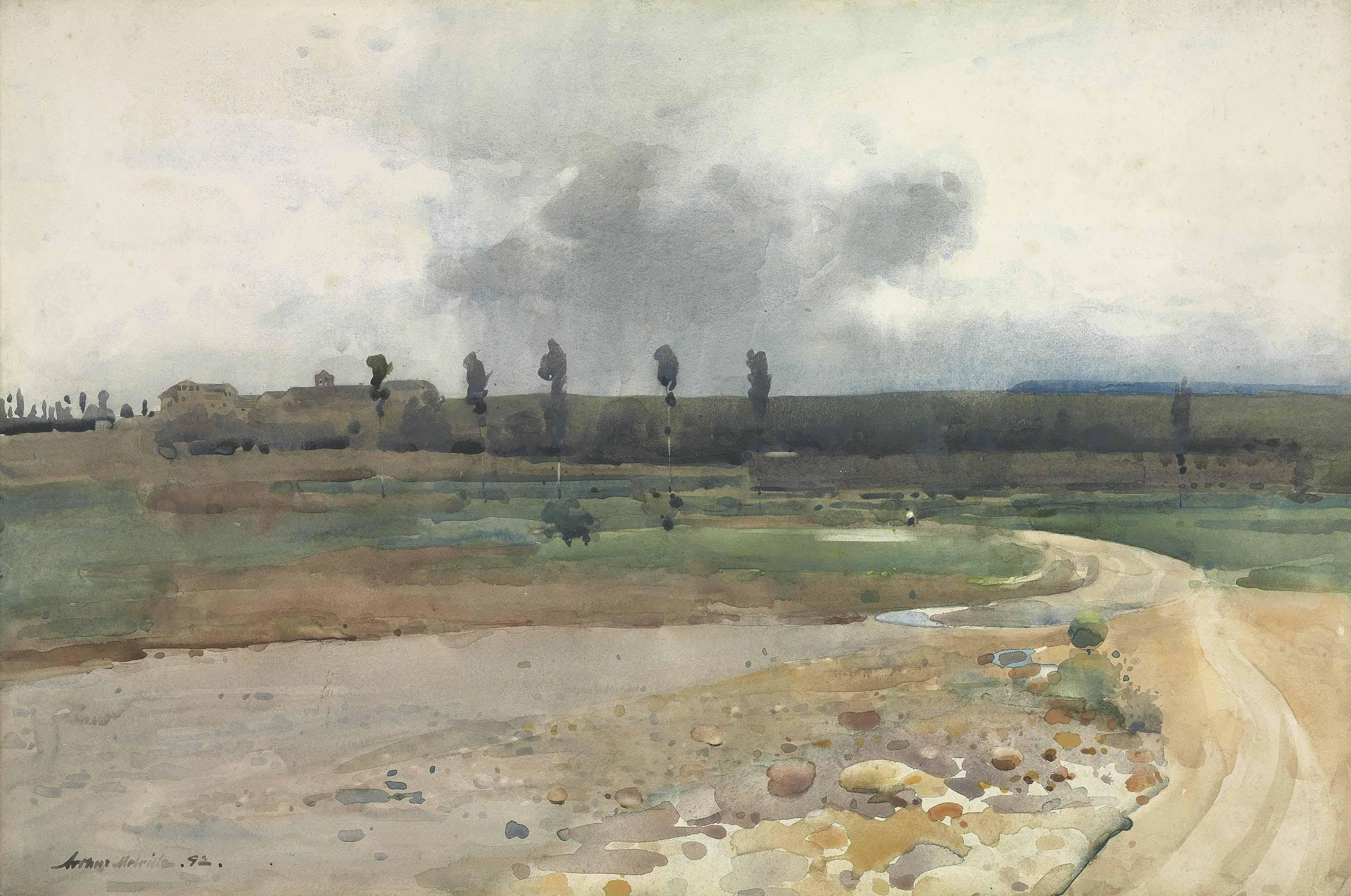 Arthur Melville, R.W.S. - The Bed Of A Stream With A Farm Beyond, Spain