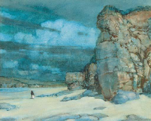 Arthur Moulton Foweraker, R.B.A. - A figure on a beach in a moonlit landscape