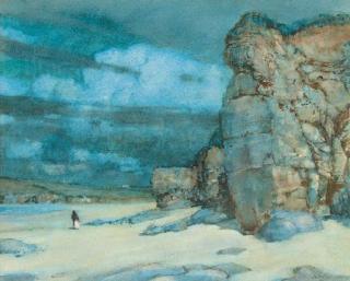 Arthur Moulton Foweraker, R.B.A. - A figure on a beach in a moonlit landscape