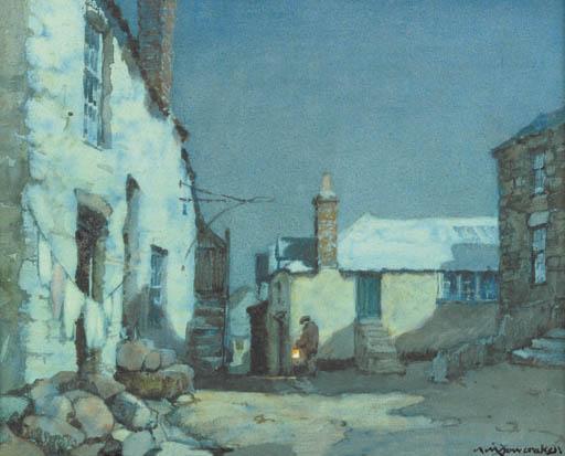 Arthur Moulton Foweraker, R.B.A. - A figure with a lantern in a village by moonlight