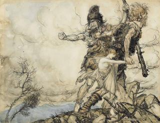 Arthur Rackham, R.W.S. - The giants Fasolt and Fafner abducting Freia, Goddess of Love (from \'Das Rheingold\' by Wagner, Scene II)