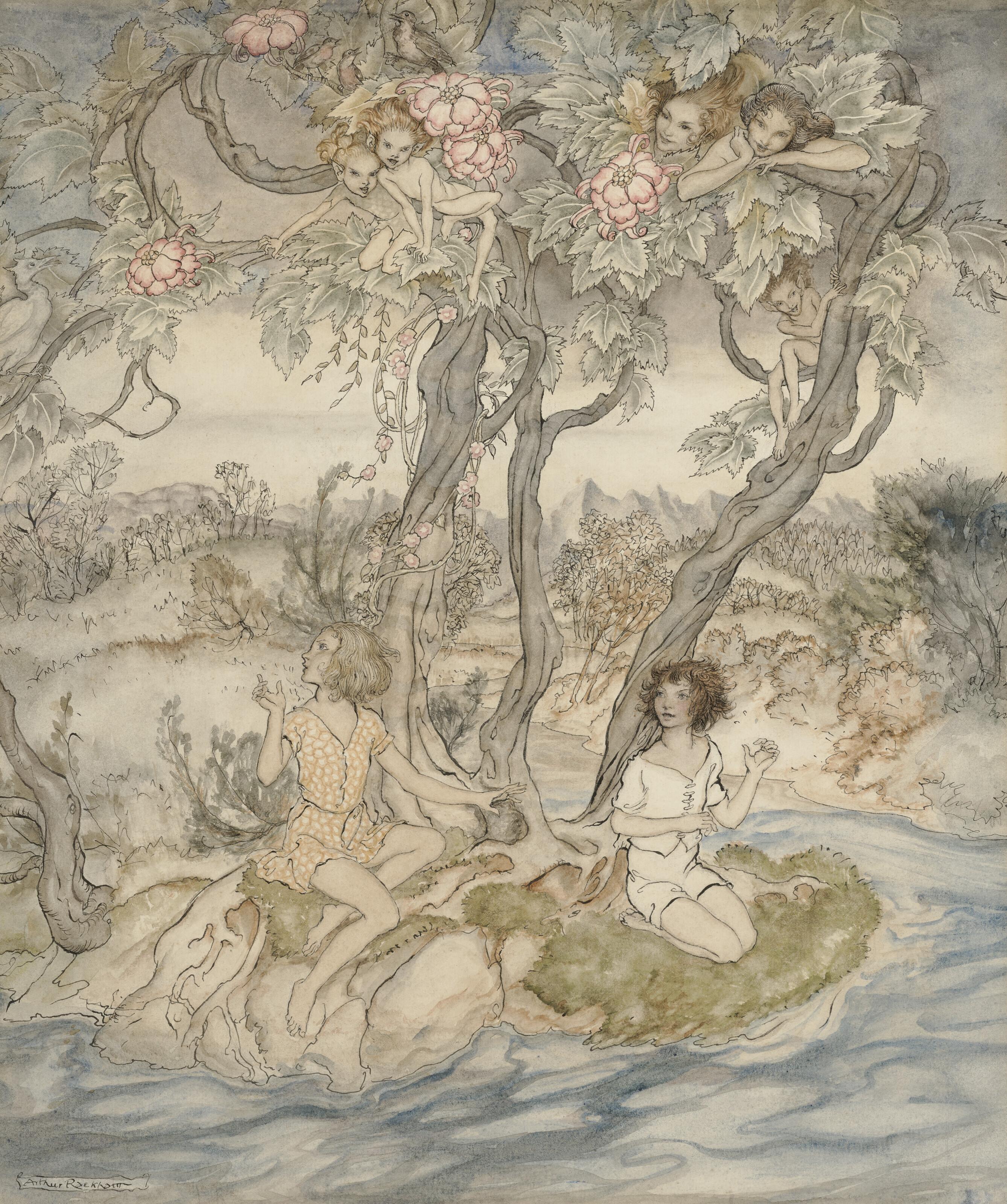 Arthur Rackham, R.W.S. - \'The Music of the Stream\': an unpublished illustration for King of the Golden River