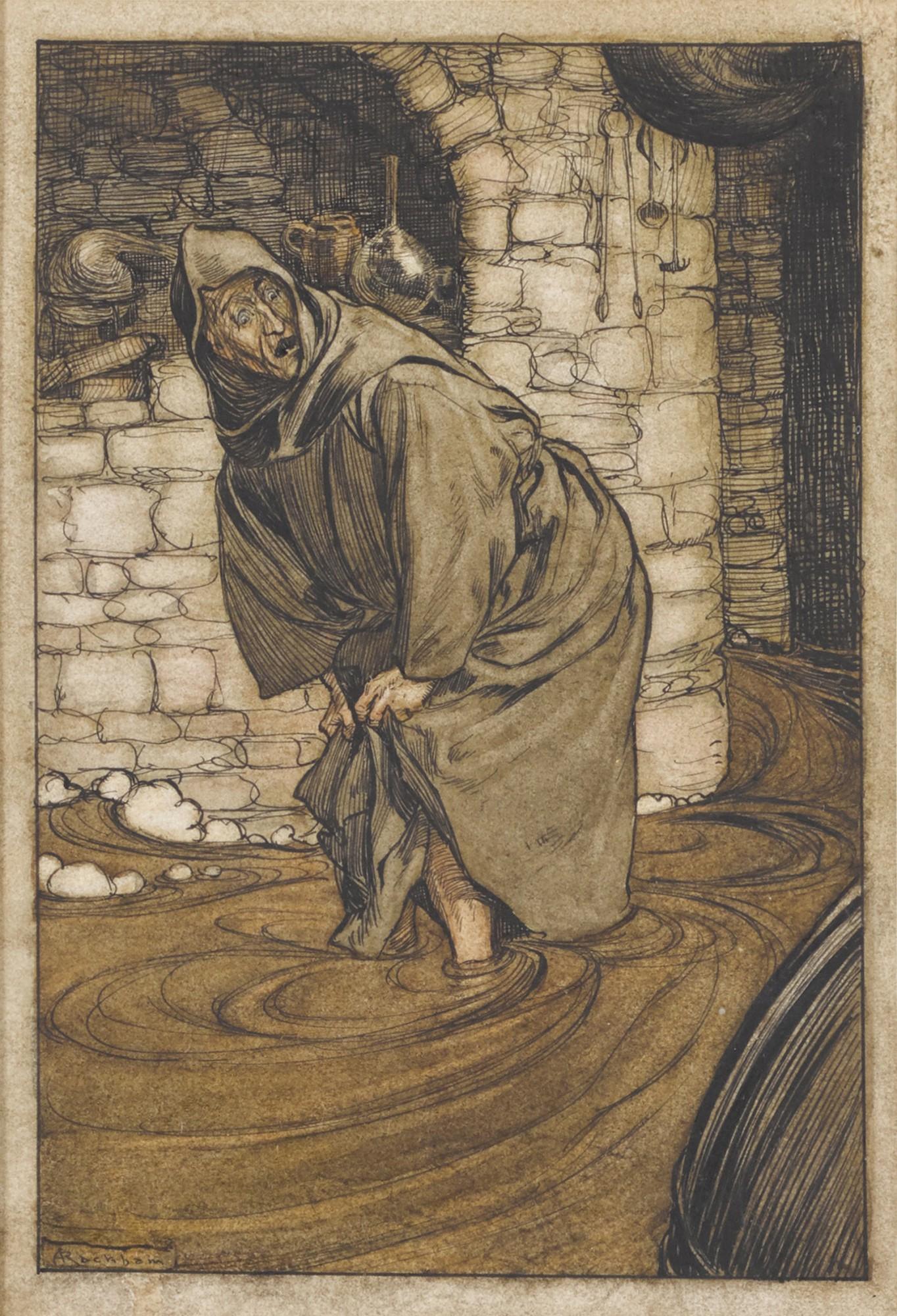 Arthur Rackham - Original illustration for The lngoldsby Legends (A flood of brown stout he was up to his knees in)