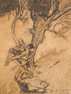 Arthur Rackham - Original illustration for unidentified title (Two men fighting on a river bank)