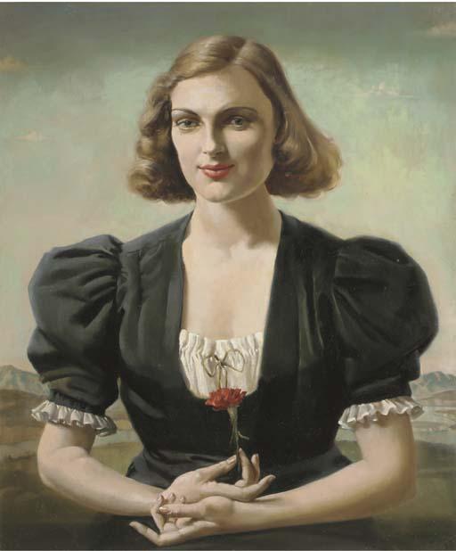 Arthur Royce Bradbury - A portrait of a woman holding a red carnation