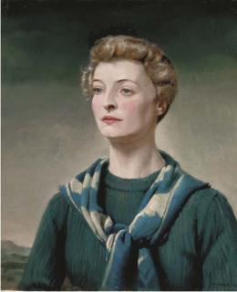 Arthur Royce Bradbury - Portrait of a lady, bust-length, in a striped scarf, in a landscape