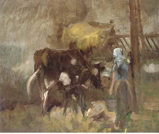 Arthur Spooner - A Milkmaid And Cows In A Byre
