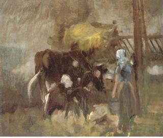 Arthur Spooner - A Milkmaid And Cows In A Byre