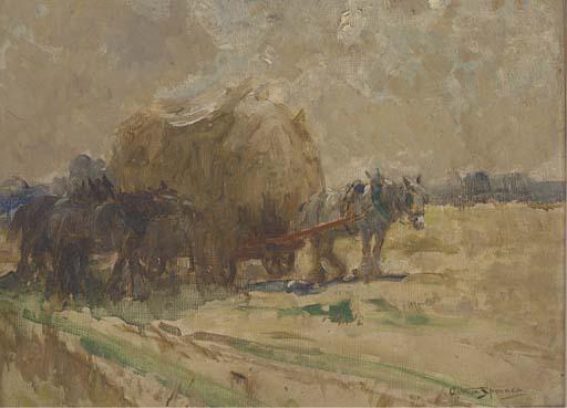 Arthur Spooner - Horse and hay wagon; and Shire horses resting in a field
