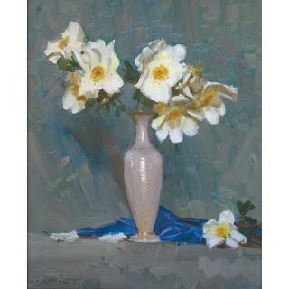 Arthur Streeton - Australian Roses In A Cream Vase