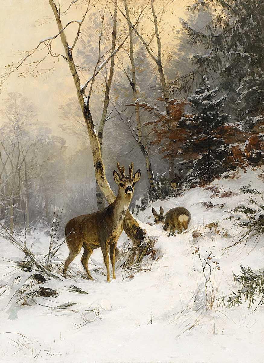 Arthur Thiele - Sichernder Rehbock im Winterwald