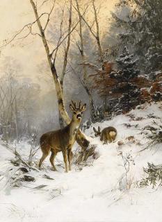 Arthur Thiele - Sichernder Rehbock im Winterwald