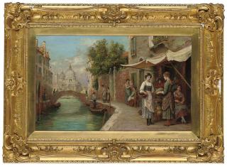 Arthur Trevor Haddon, R.B.A. - Fruit sellers on a Venetian backwater, Santa Maria della Salute beyond