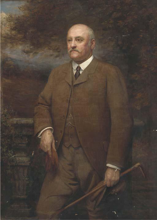 Arthur Trevor Haddon, R.B.A. - Portrait of a gentleman, standing three-quarter-length, in a brown tweed suit, holding a crop, cap and gloves, a landscape beyond