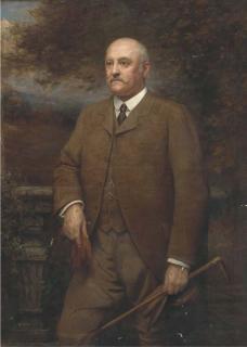 Arthur Trevor Haddon, R.B.A. - Portrait of a gentleman, standing three-quarter-length, in a brown tweed suit, holding a crop, cap and gloves, a landscape beyond