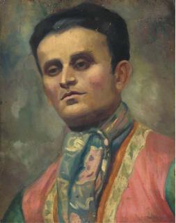 Arthur Trevor Haddon, R.B.A. - Portrait of a Spaniard, bust-length, in a pink and blue cravat