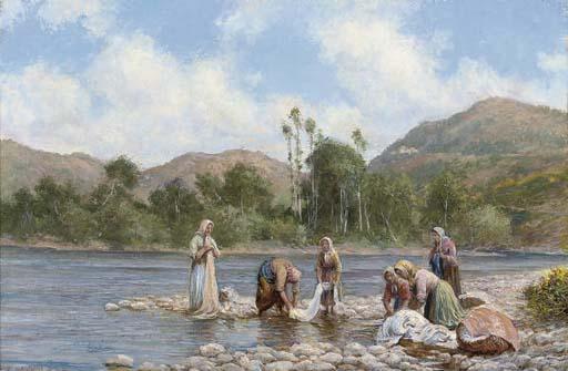 Arthur Trevor Haddon, R.B.A. - Women washing clothes on a river bank