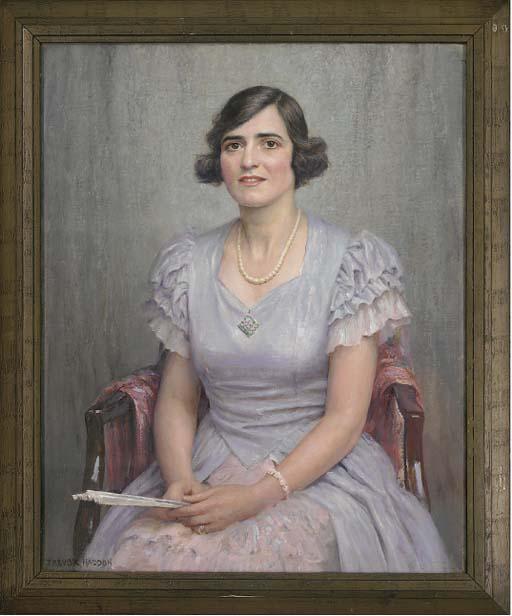 Arthur Trevor Haddon - Portrait of a lady, seated three-quarter-length, in a lilac dress holding a fan