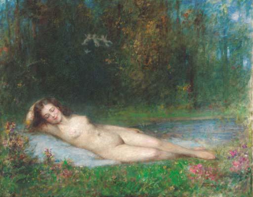 Arthur von Ferraris - A nymph lying in a wooded river landscape