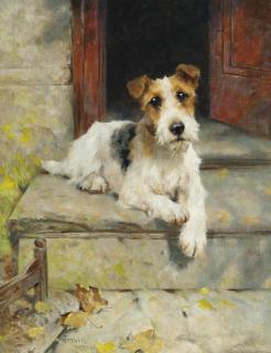 Arthur Wardle, R.I., R.B.C. - Waiting for master, a wire coated fox terrier