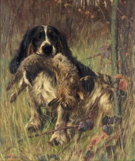 Arthur Wardle, RI - Portrait of a spaniel having retrieved a rabbit