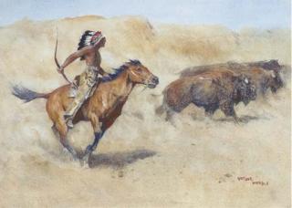 Arthur Wardle - A mounted red indian hunting buffalo