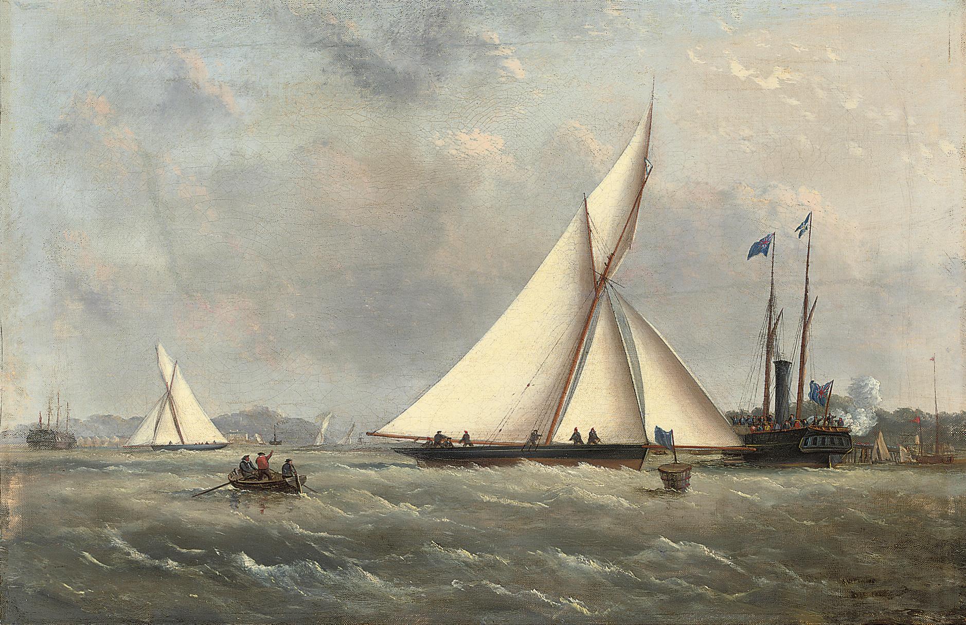 Arthur Wellington Fowles - A big cutter approaching the turning mark with the crowded club steamer beyond