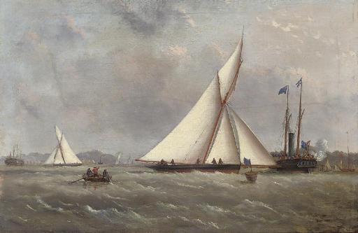 Arthur Wellington Fowles - A big cutter approaching the turning mark with the crowded club steamer beyond