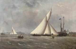 Arthur Wellington Fowles - A big cutter approaching the turning mark with the crowded club steamer beyond