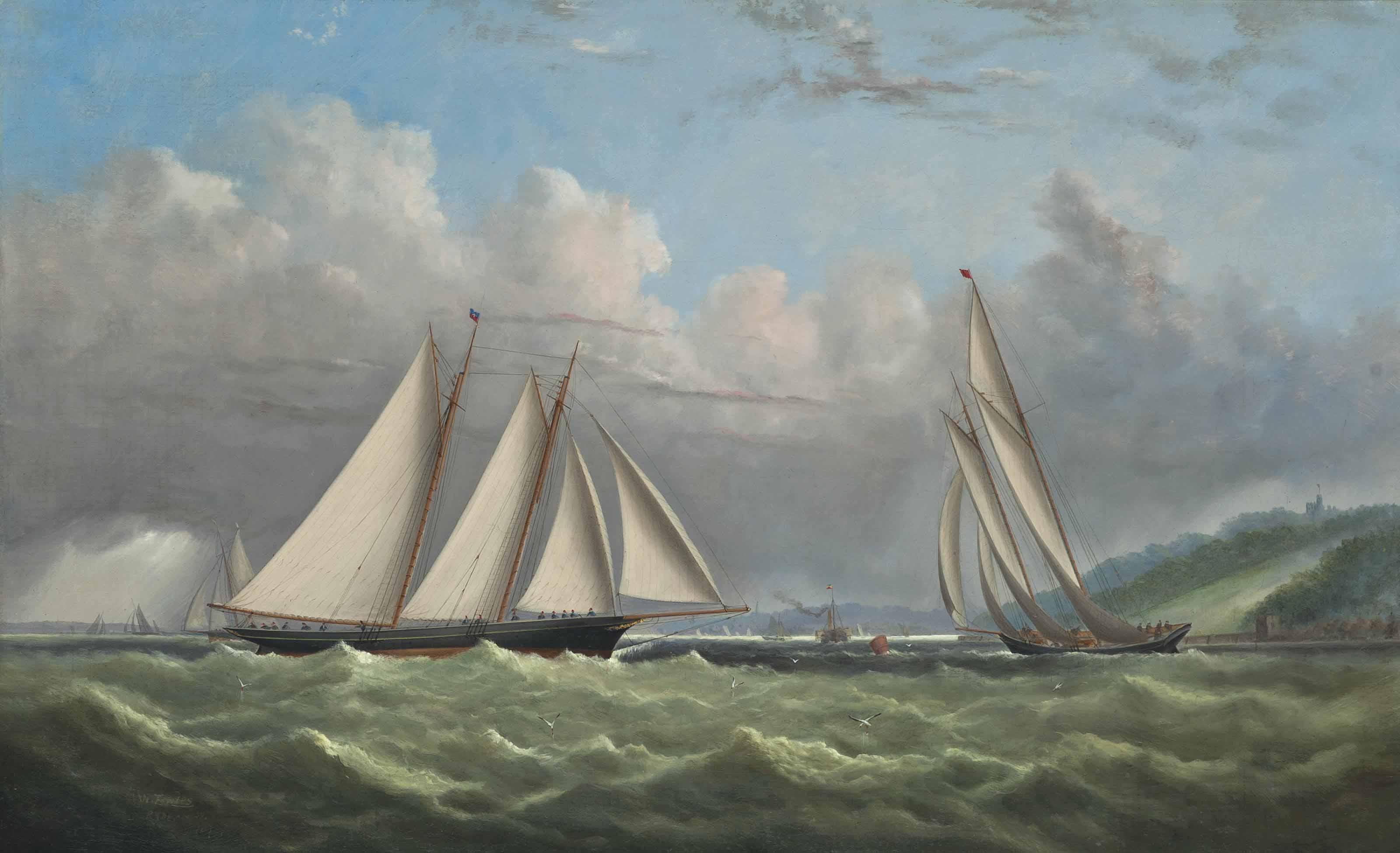 Arthur Wellington Fowles - Racing schooners rounding the turning mark in Osborne Bay with Norris Castle above and Ryde beyond: The Prince of Wales\'s  Hildegarde  rounding the mark in second place