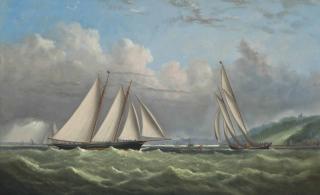 Arthur Wellington Fowles - Racing schooners rounding the turning mark in Osborne Bay with Norris Castle above and Ryde beyond: The Prince of Wales\'s  Hildegarde  rounding the mark in second place