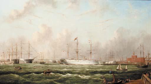 Arthur Wellington Fowles - The Indian troopship Serapis arriving at Portsmouth, 11 May 1876, with H.R.H. The Prince of Wales aboard her on his return from India, and the Royal yacht Osborne following her in
