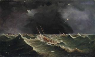 Arthur Wellington Fowles - The Royal Victoria Yacht Club\'s schooner Caroline, hove to, in a gale off Ryde, 20 May 1863