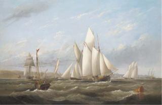 Arthur Wellington Fowles - Vying for the start - a melée of big cutters in Osborne Bay, with the Royal Yacht Alberta heading for the pier below Osborne House
