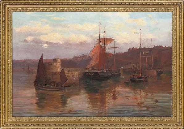 Arthur Wilde Parsons - The fishing fleet moored at the quay, evening